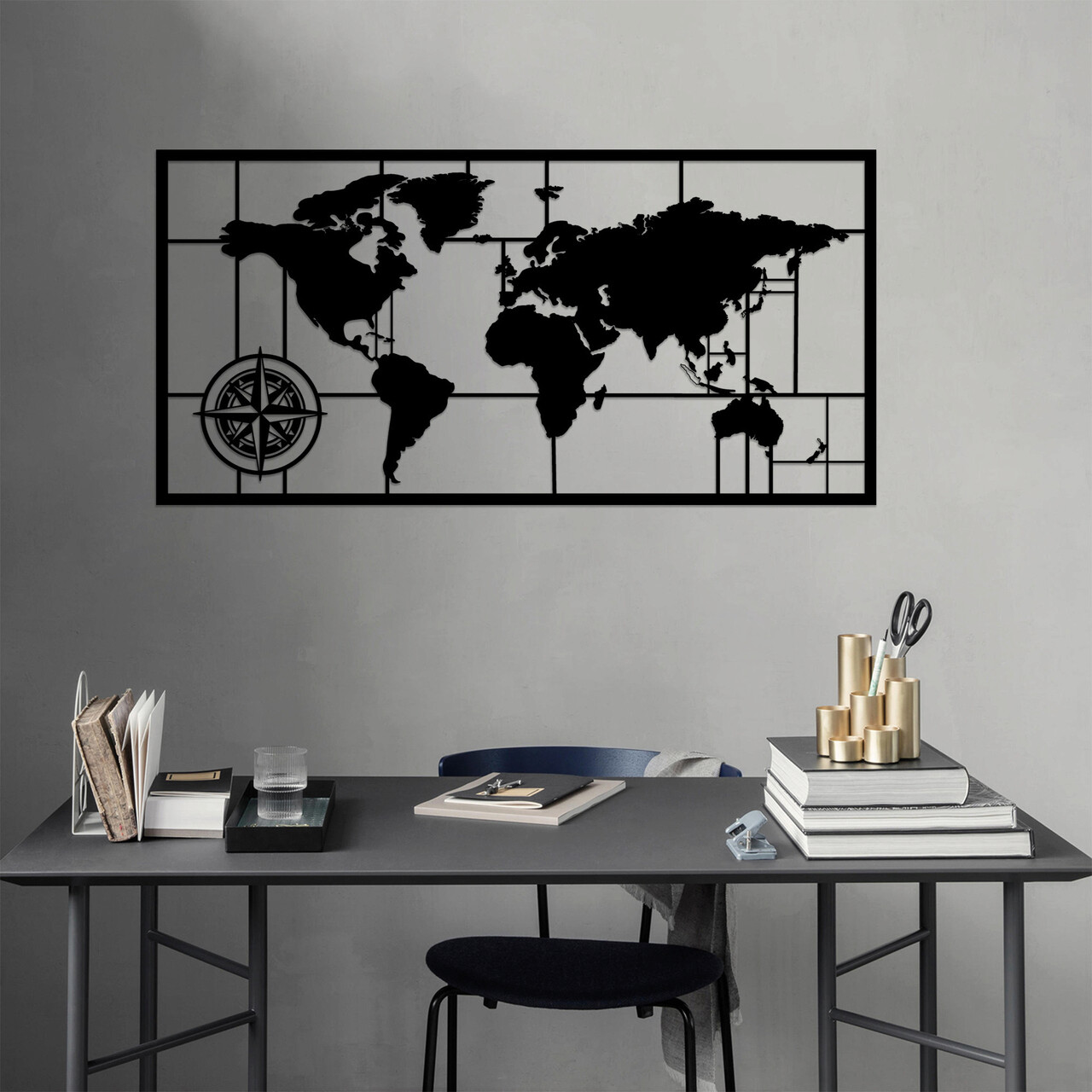 Decoratiune de perete, World Map Metal Decor 7, Dimensiune: 121 x 60 cm, Negru - imagine 4